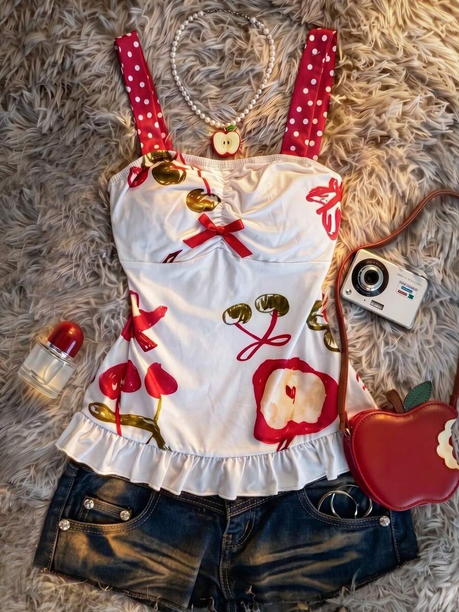 Multicolor women's wide strap tank top featuring polka dot pattern, ruched shirred bodice, and flared ruffle hem.