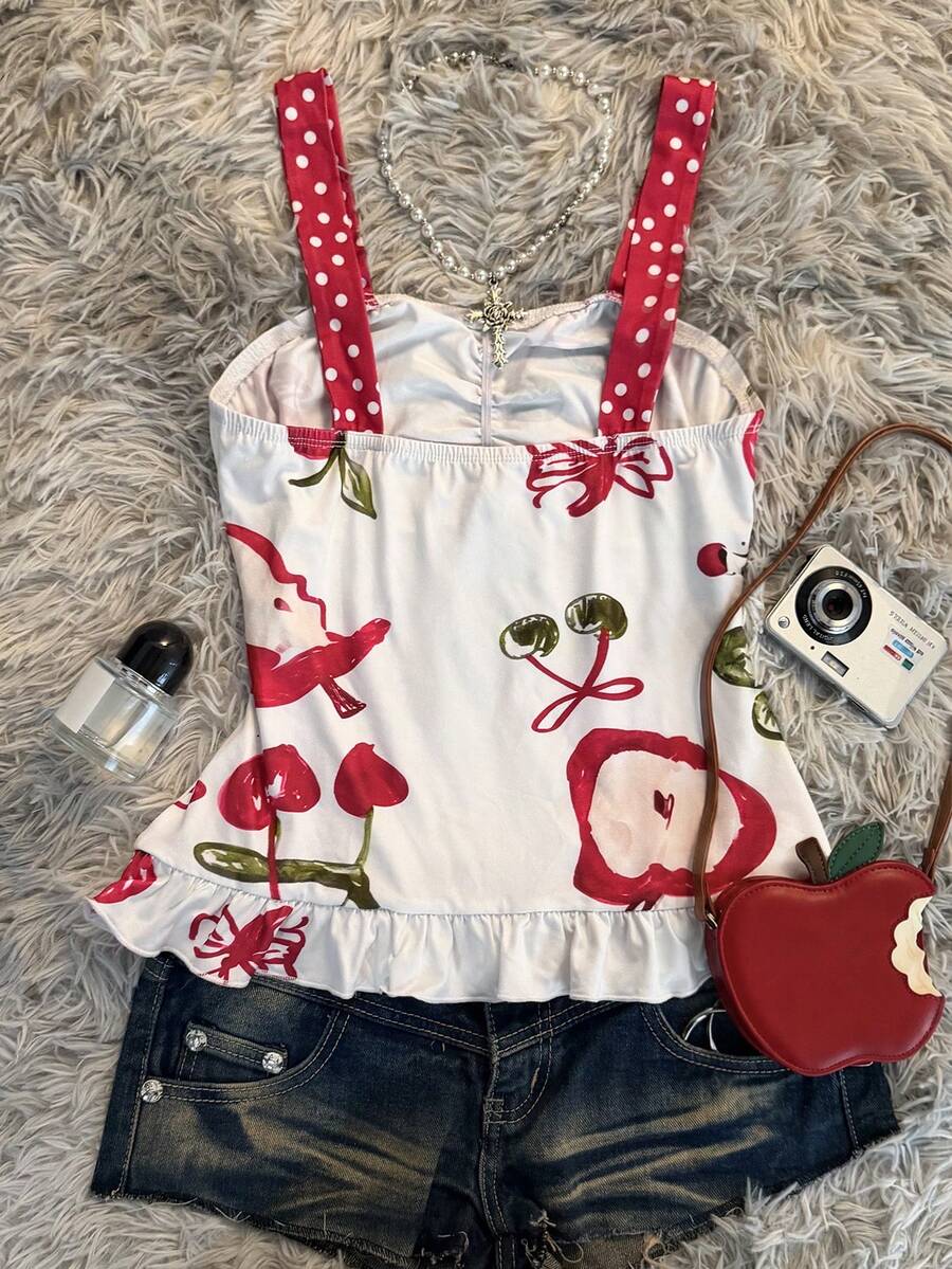 Multicolor women's wide strap tank top featuring polka dot pattern, ruched shirred bodice, and flared ruffle hem.