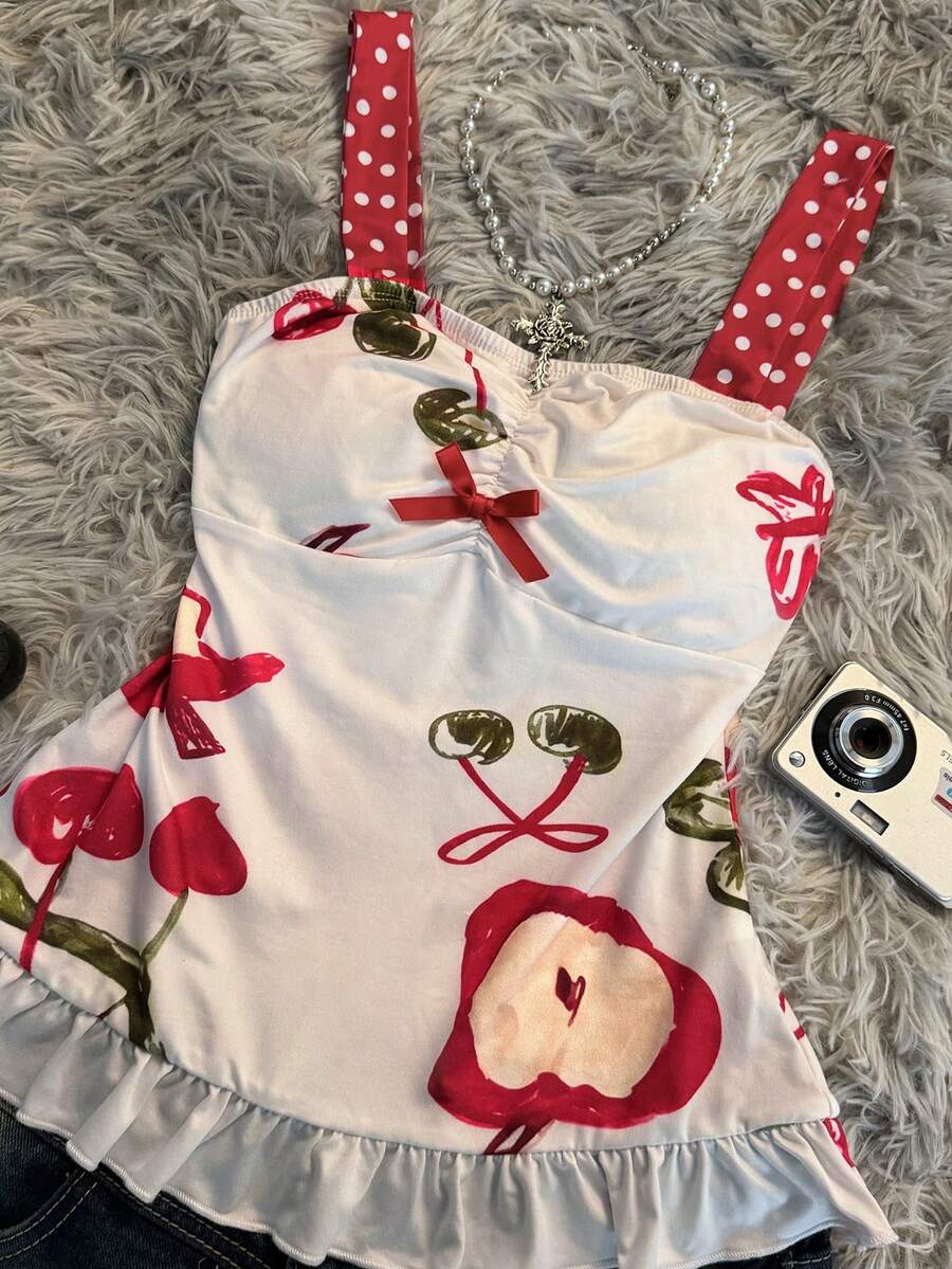 Multicolor women's wide strap tank top featuring polka dot pattern, ruched shirred bodice, and flared ruffle hem.