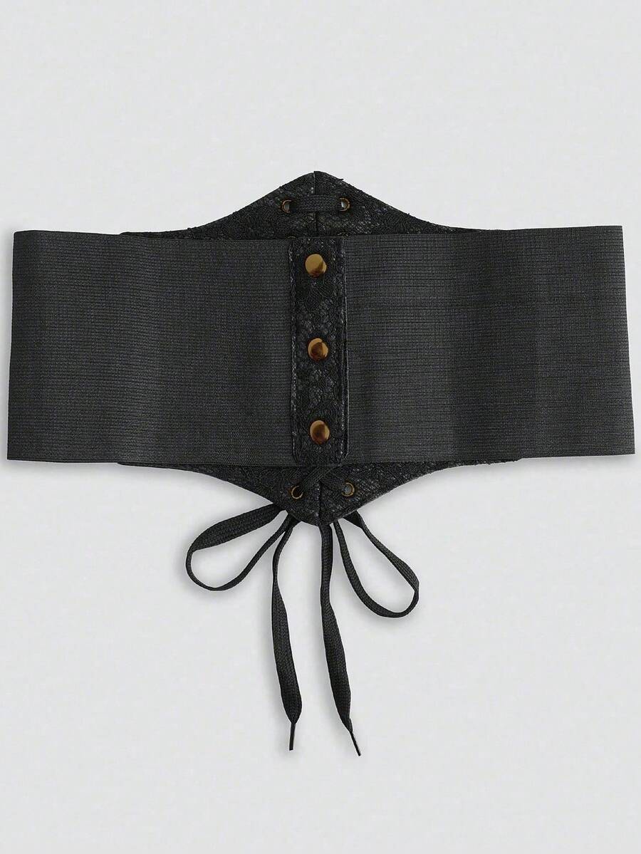 Black lace-up waist cincher with grommet eyelets, baroque pattern, medium stretch, and wide belt design for women.