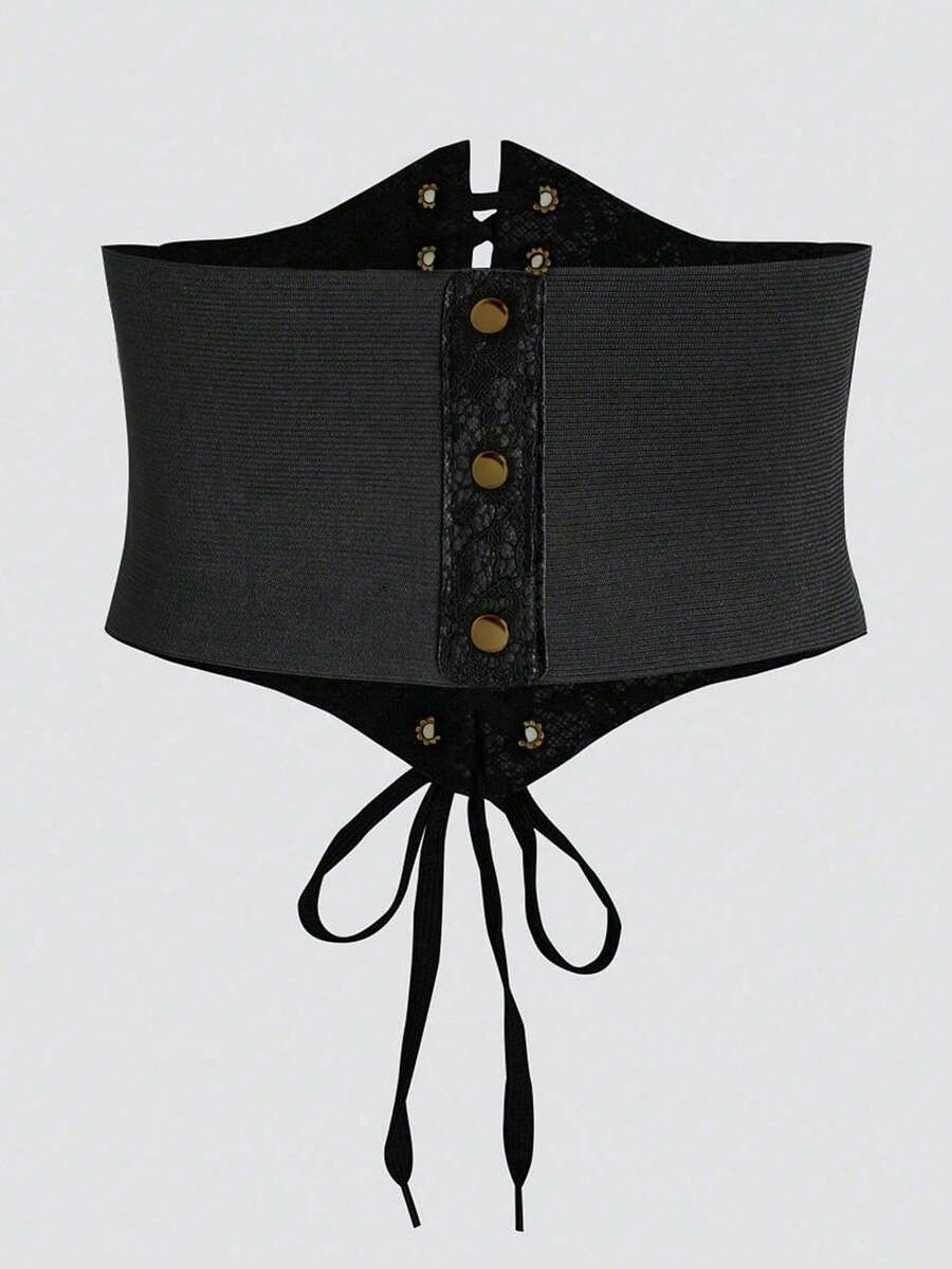 Black lace-up waist cincher with grommet eyelets, baroque pattern, medium stretch, and wide belt design for women.