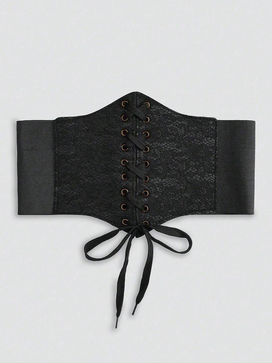 Black lace-up waist cincher with grommet eyelets, baroque pattern, medium stretch, and wide belt design for women.