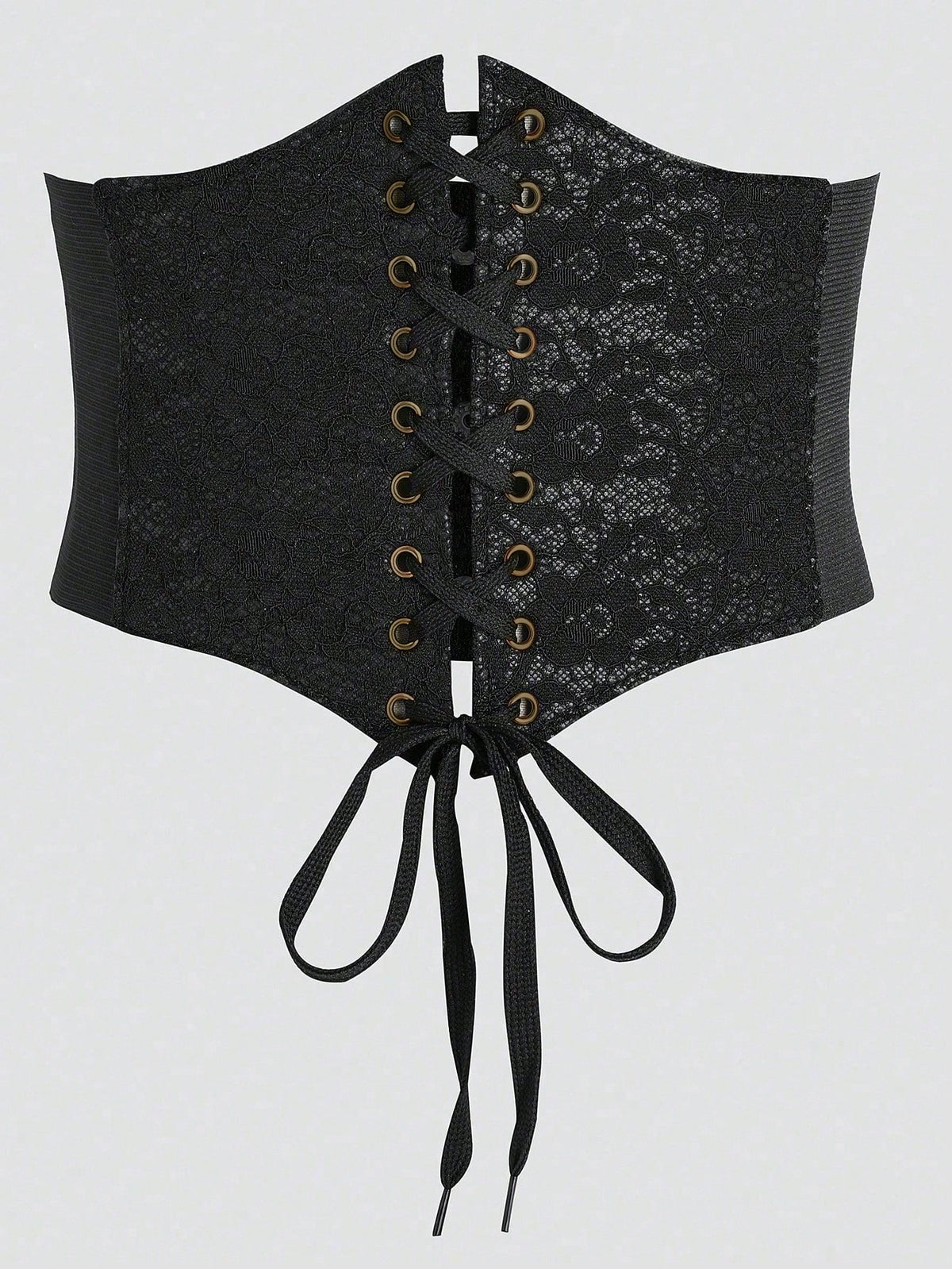 Black lace-up waist cincher with grommet eyelets, baroque pattern, medium stretch, and wide belt design for women.