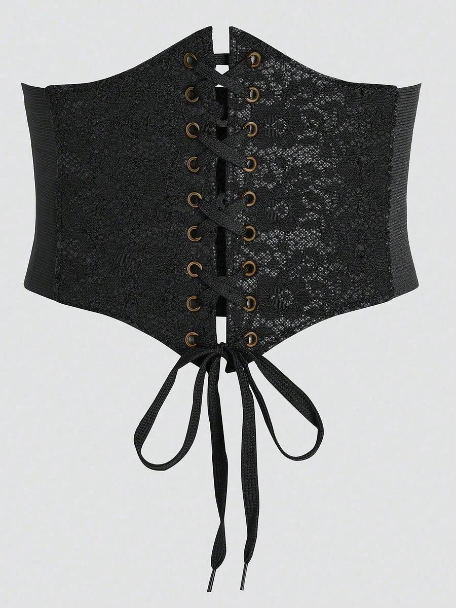 Black lace-up waist cincher with grommet eyelets, baroque pattern, medium stretch, and wide belt design for women.