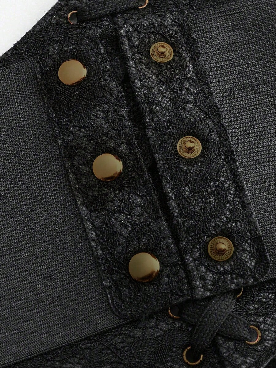 Black lace-up waist cincher with grommet eyelets, baroque pattern, medium stretch, and wide belt design for women.