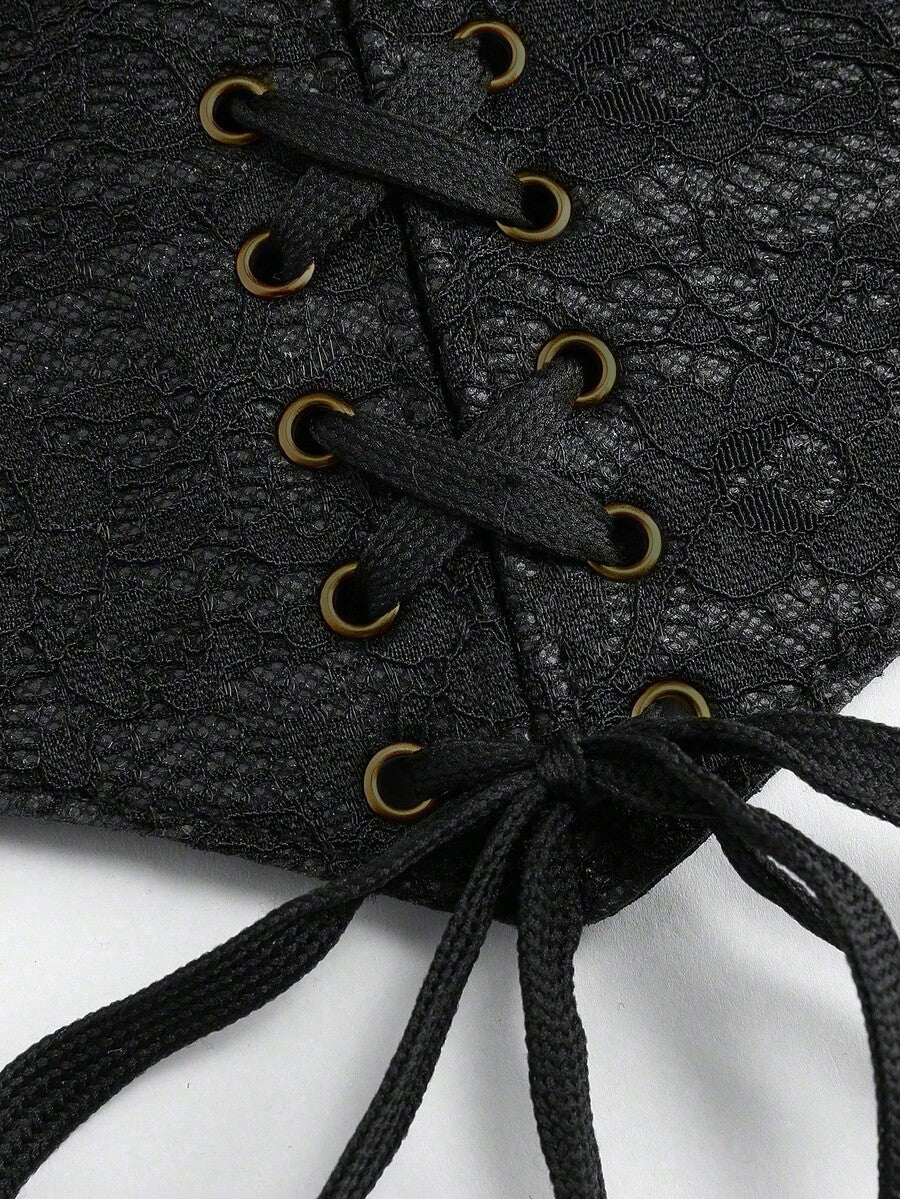 Black lace-up waist cincher with grommet eyelets, baroque pattern, medium stretch, and wide belt design for women.