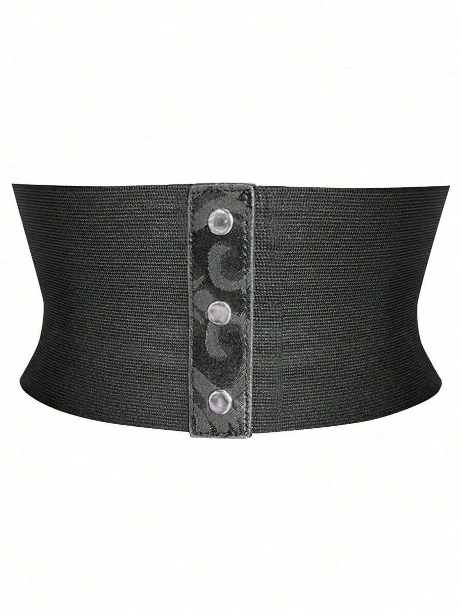 Black lace-up waist cincher with grommet eyelets, baroque pattern, medium stretch, and wide belt design for women.