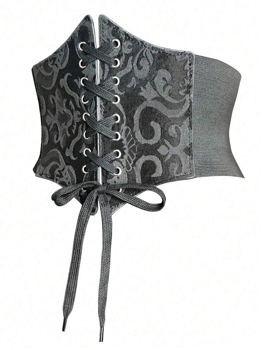 Black lace-up waist cincher with grommet eyelets, baroque pattern, medium stretch, and wide belt design for women.
