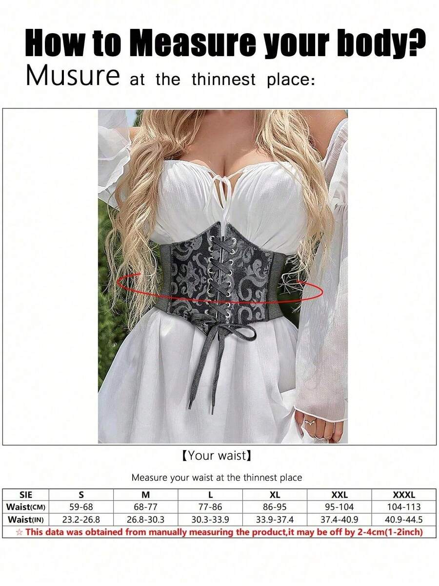 Black lace-up waist cincher with grommet eyelets, baroque pattern, medium stretch, and wide belt design for women.