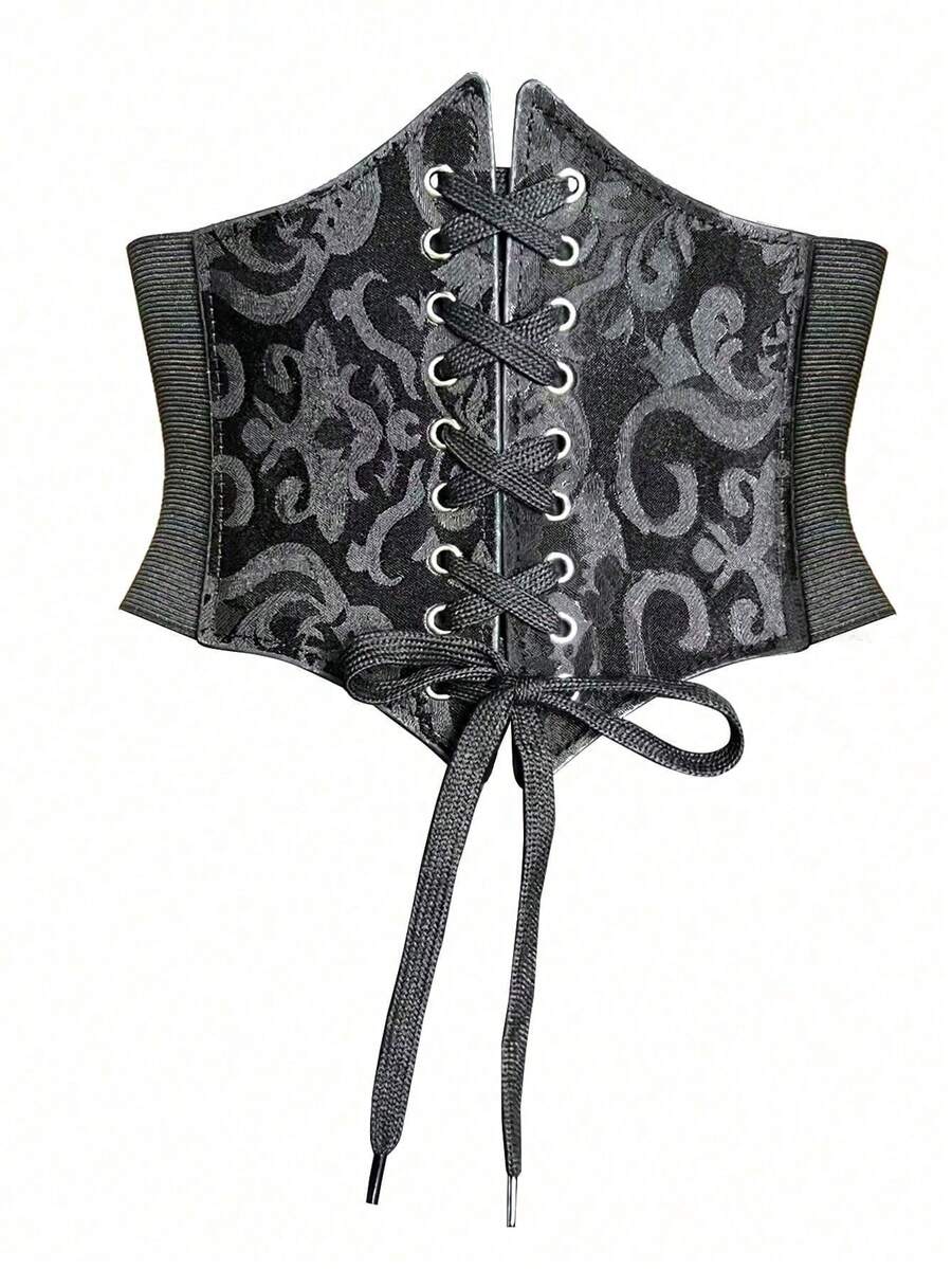 Black lace-up waist cincher with grommet eyelets, baroque pattern, medium stretch, and wide belt design for women.