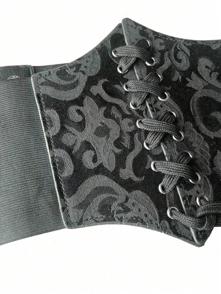 Black lace-up waist cincher with grommet eyelets, baroque pattern, medium stretch, and wide belt design for women.