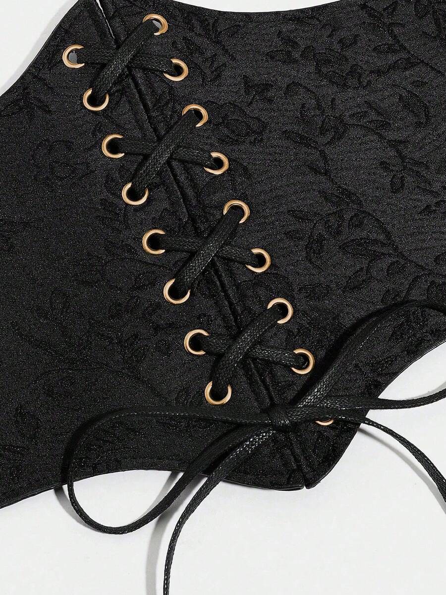 Black lace-up waist cincher with grommet eyelets, baroque pattern, medium stretch, and wide belt design for women.