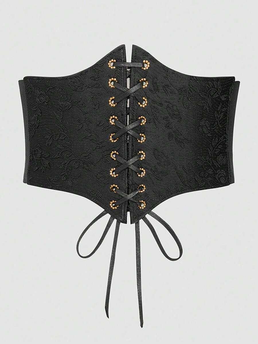 Black lace-up waist cincher with grommet eyelets, baroque pattern, medium stretch, and wide belt design for women.