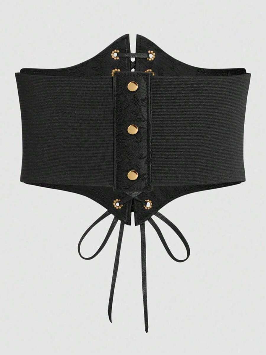 Black lace-up waist cincher with grommet eyelets, baroque pattern, medium stretch, and wide belt design for women.