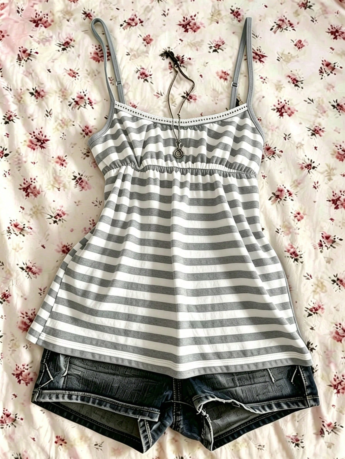 A women's black striped camisole top featuring spaghetti straps, a backless design with ring detail, and high-stretch knitted fabric.