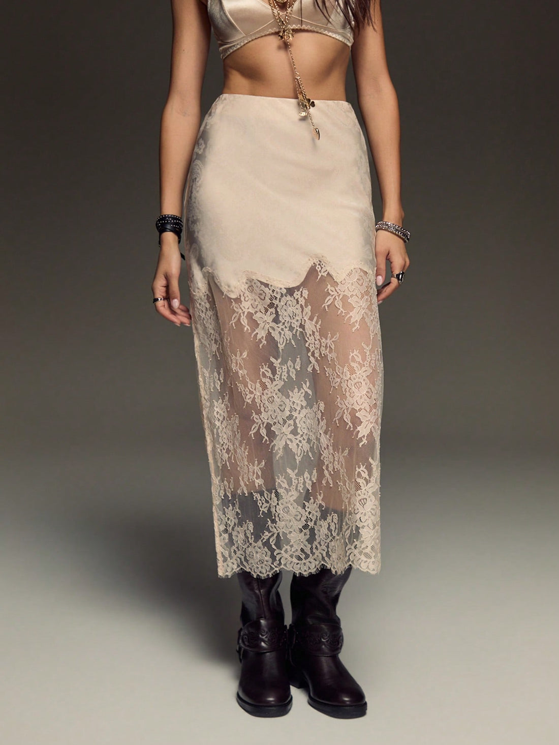 Pink low waist long skirt for women featuring contrast lace patchwork detail and a stylish side slit.