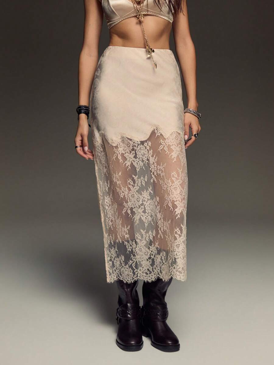 Pink low waist long skirt for women featuring contrast lace patchwork detail and a stylish side slit.