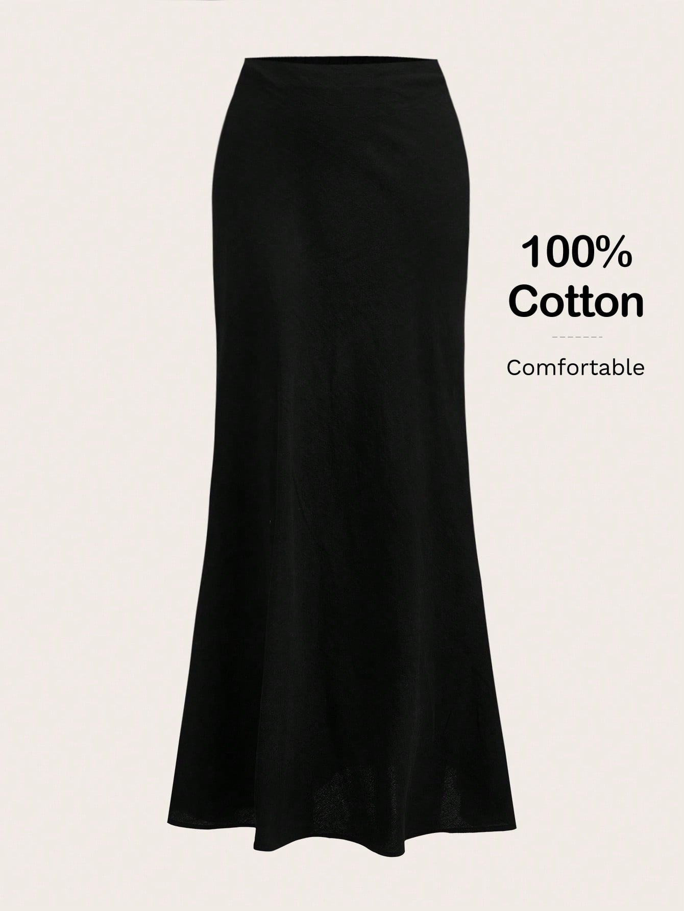 Women's black woven mermaid maxi skirt featuring a solid color design, mid waist, and 100% cotton fabric.