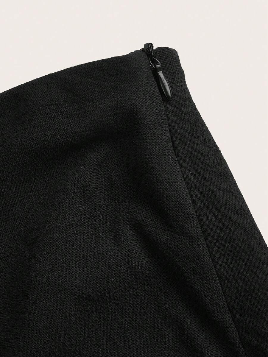 Women's black woven mermaid maxi skirt featuring a solid color design, mid waist, and 100% cotton fabric.