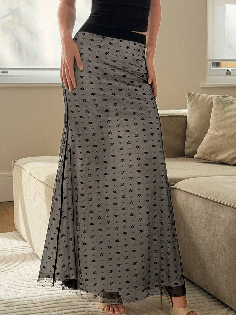 Black lace mermaid maxi skirt for women featuring high waist and plant graphic print