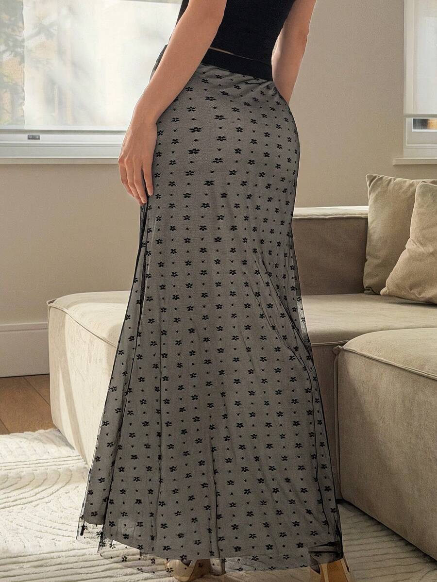 Black lace mermaid maxi skirt for women featuring high waist and plant graphic print