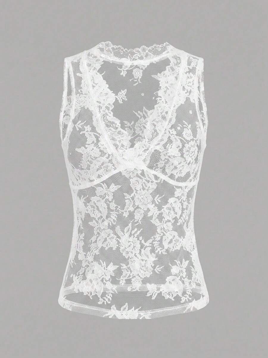 Franclia women's black semi-sheer lace camisole featuring a deep V-neckline with contrast lace trim in a slim fit sleeveless design.