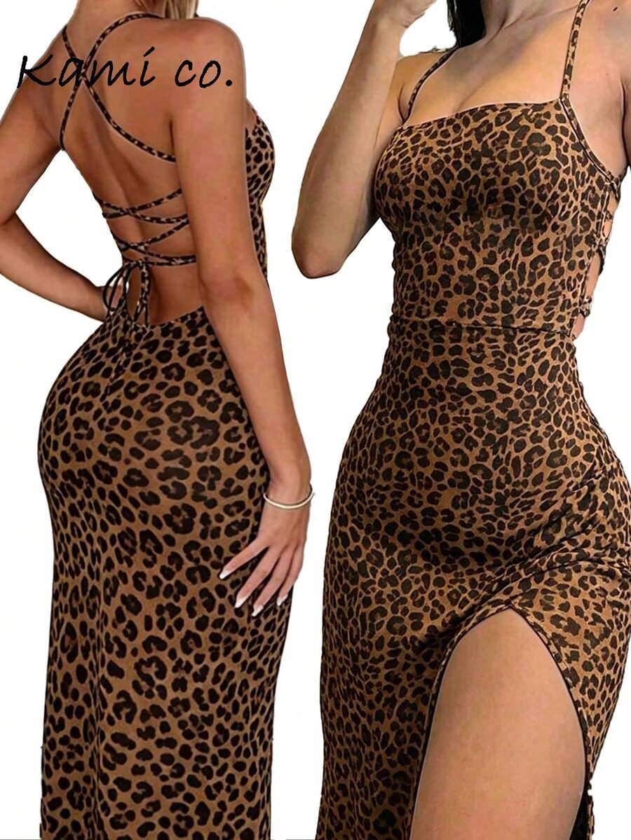 Women's backless sleeveless midi party dress with spaghetti straps and a high slit