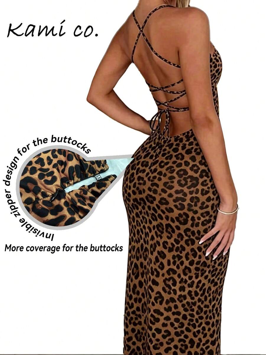 Women's backless sleeveless midi party dress with spaghetti straps and a high slit