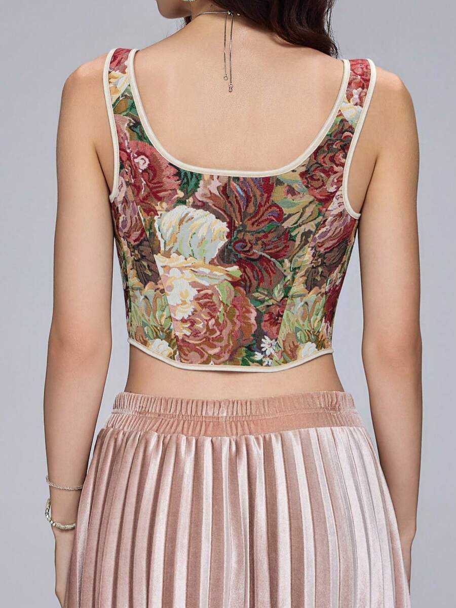 Women's retro floral print bustier top with shoulder straps, lace-up tie back, zipper, and boned construction in a romantic vintage style.