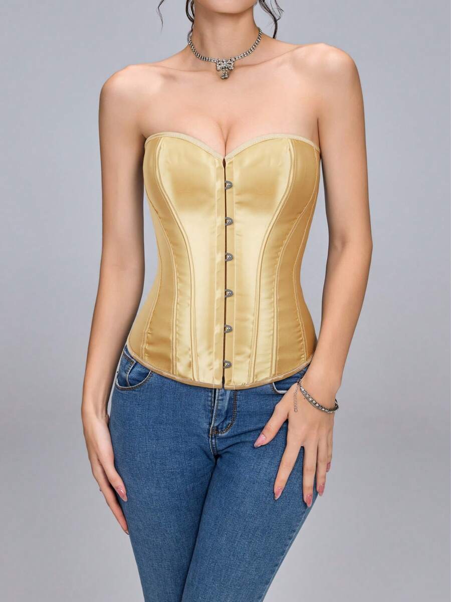Blue satin bustier corset with front closure, back lace-up detail, and boned shaping for a retro-inspired party look.