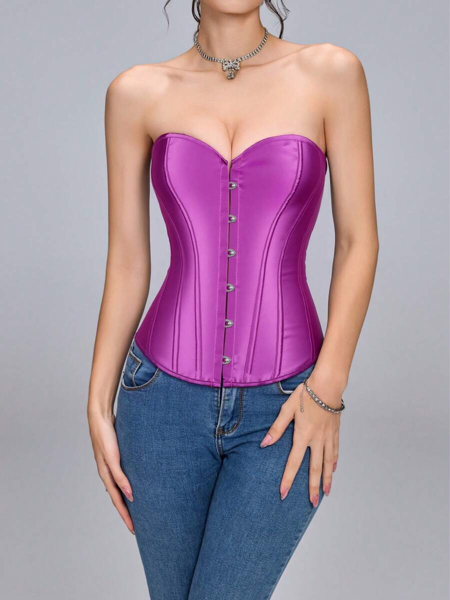 Blue satin bustier corset with front closure, back lace-up detail, and boned shaping for a retro-inspired party look.