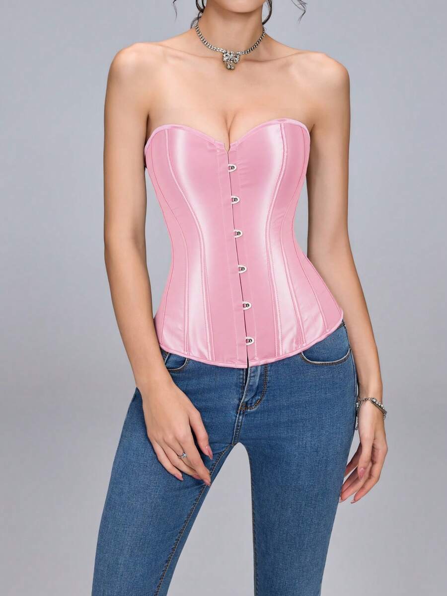 Blue satin bustier corset with front closure, back lace-up detail, and boned shaping for a retro-inspired party look.