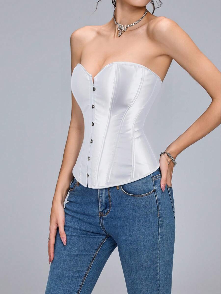 Blue satin bustier corset with front closure, back lace-up detail, and boned shaping for a retro-inspired party look.