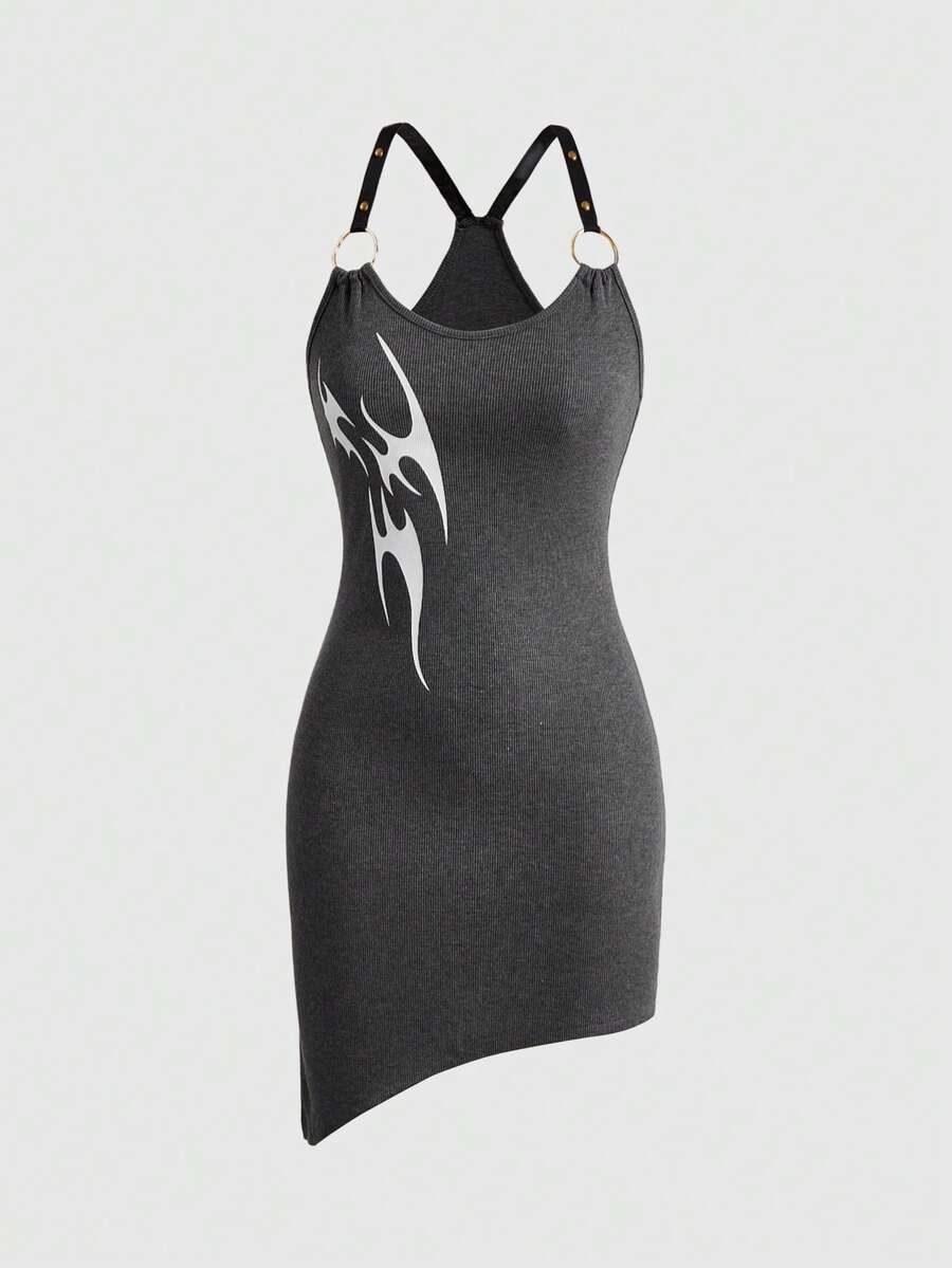 Grey Y2K grunge mini dress for women featuring sleeveless cami straps, scoop neck, criss cross front detail, and slim fit design.