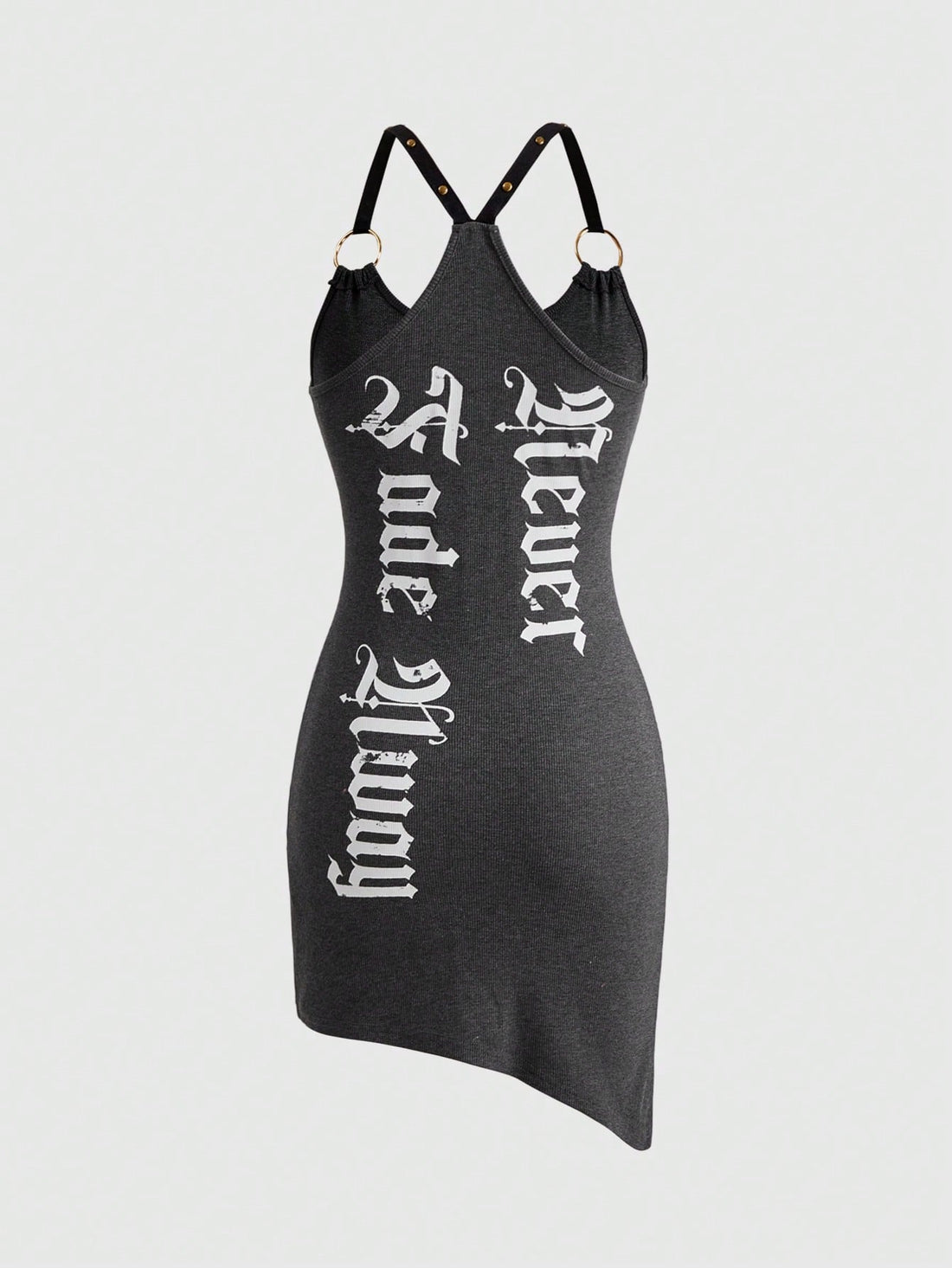 Grey Y2K grunge mini dress for women featuring sleeveless cami straps, scoop neck, criss cross front detail, and slim fit design.