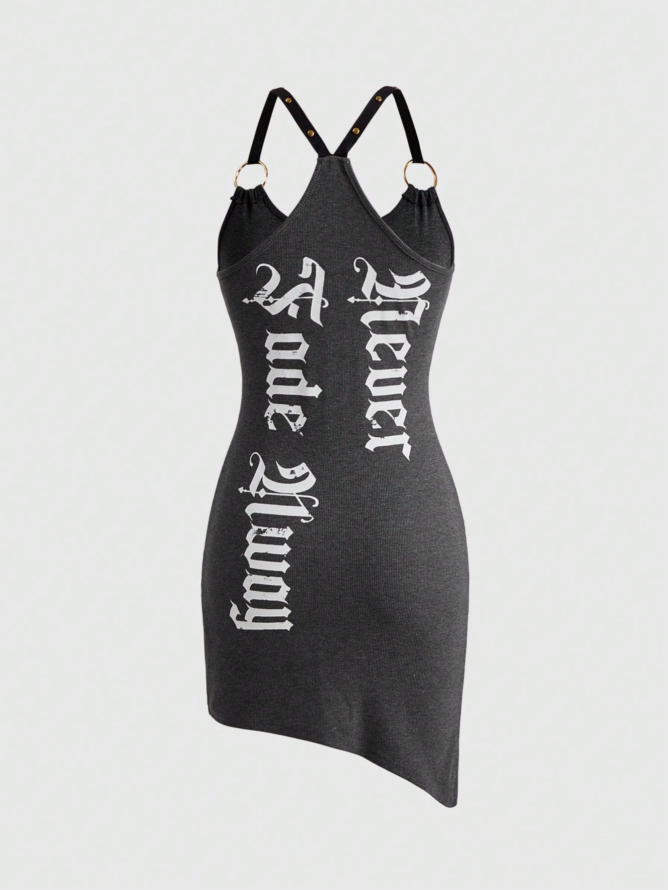 Grey Y2K grunge mini dress for women featuring sleeveless cami straps, scoop neck, criss cross front detail, and slim fit design.
