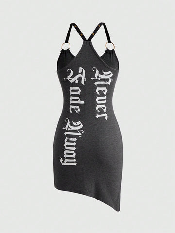 Grey Y2K grunge mini dress for women featuring sleeveless cami straps, scoop neck, criss cross front detail, and slim fit design.