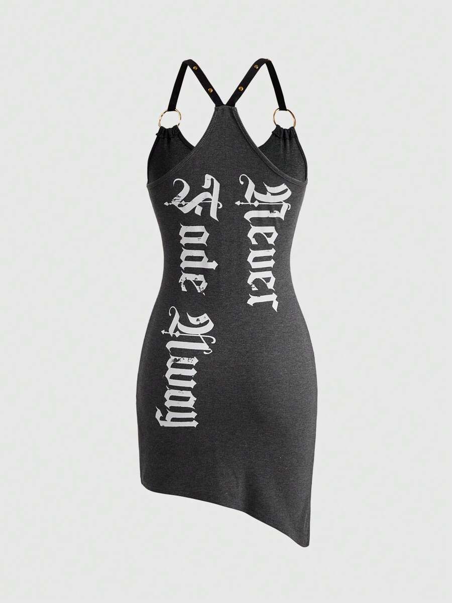 Grey Y2K grunge mini dress for women featuring sleeveless cami straps, scoop neck, criss cross front detail, and slim fit design.