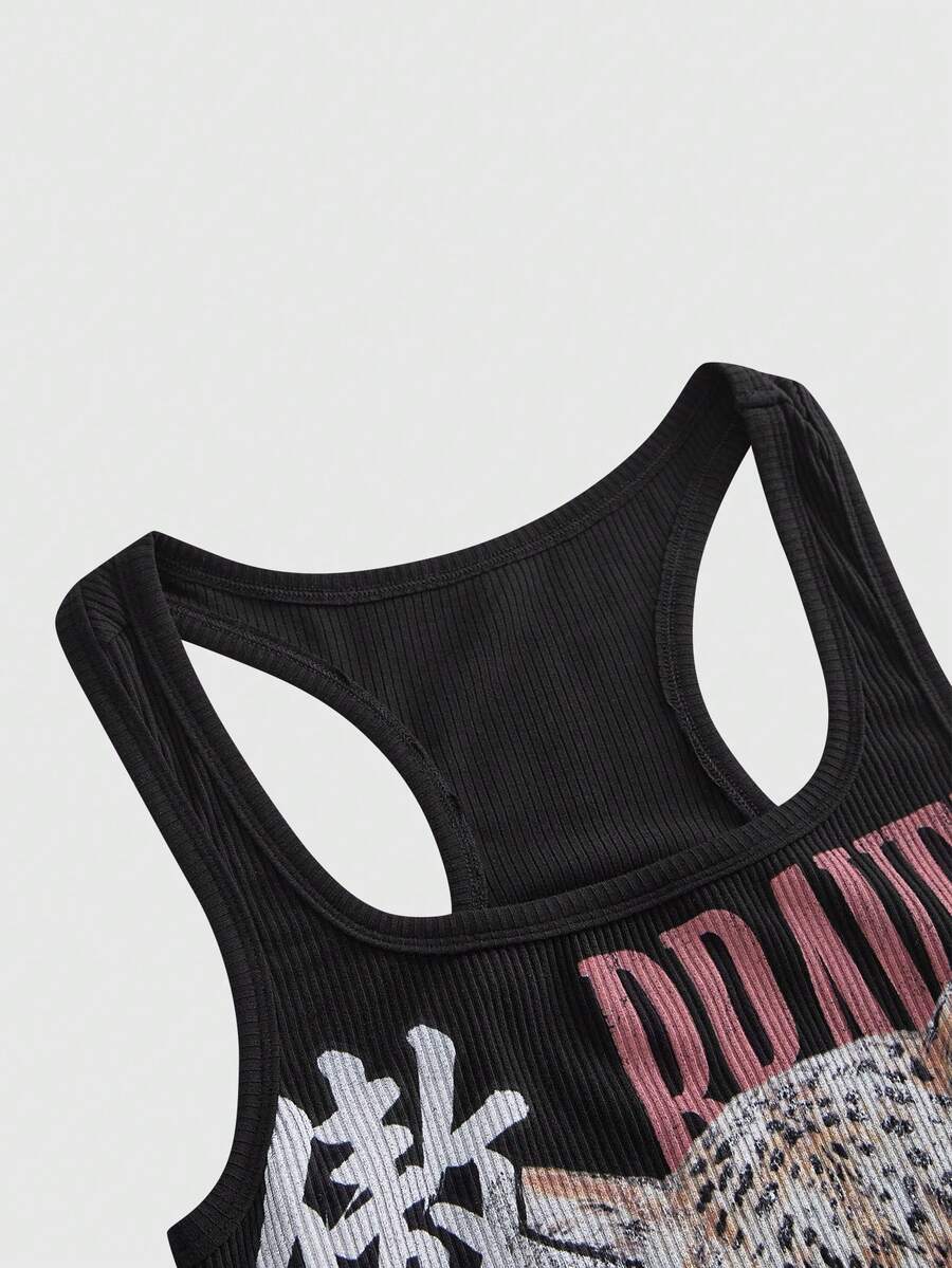 Black rib-knit scoop neck tank top featuring leopard print and graphic lettering for women.