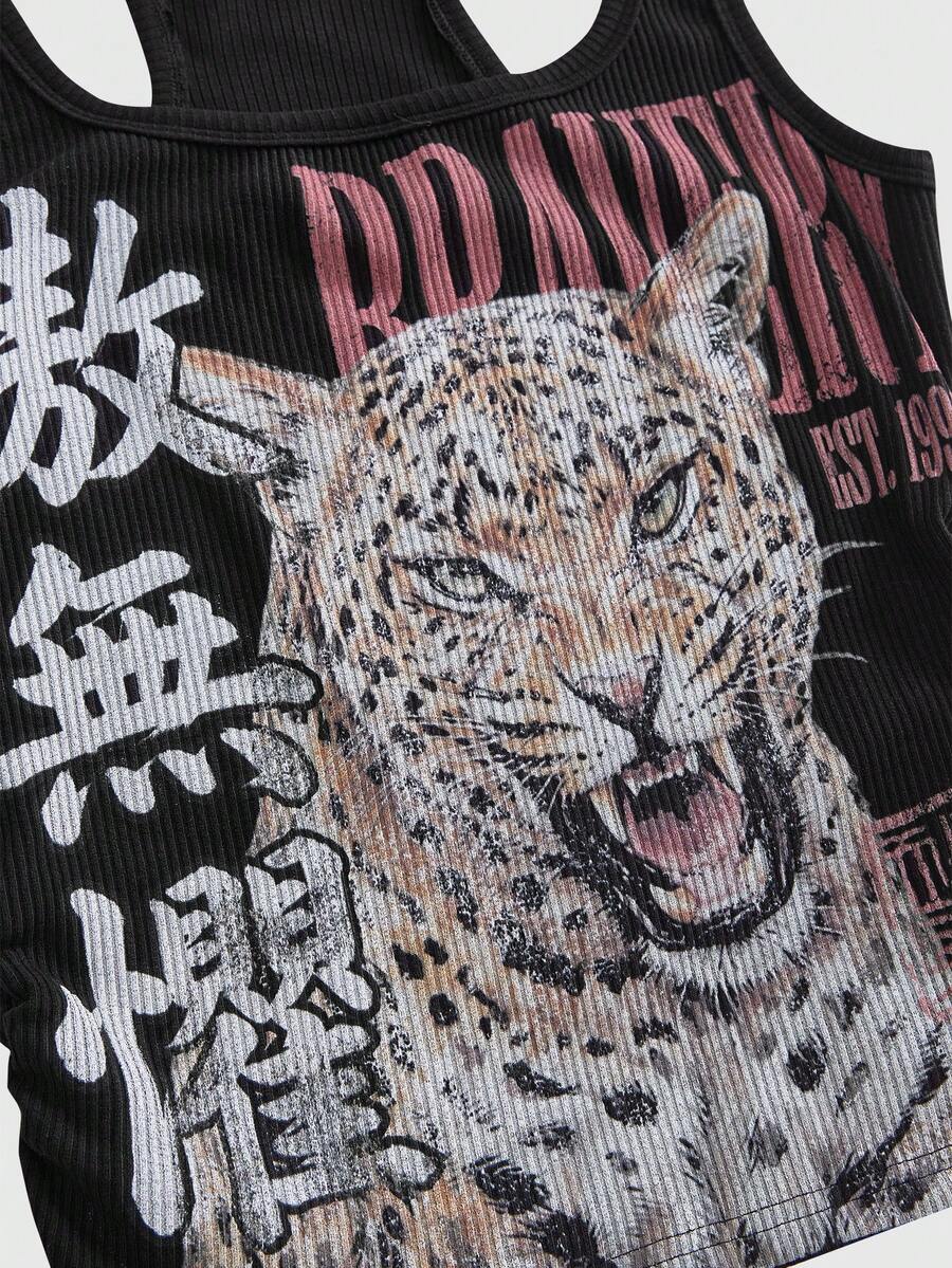 Black rib-knit scoop neck tank top featuring leopard print and graphic lettering for women.