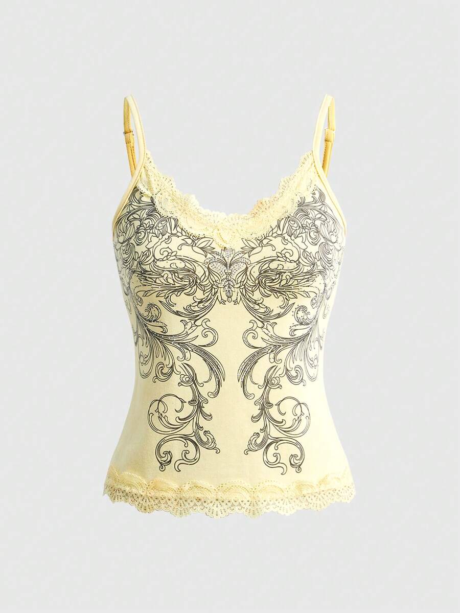 Pink floral print crop camisole top for women featuring contrast lace trim, spaghetti straps, and a slim fit.