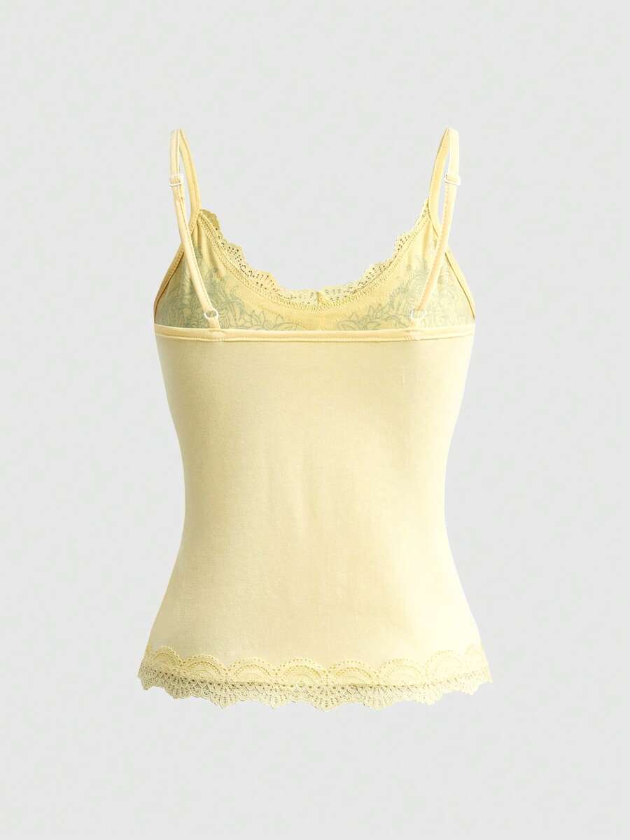 Pink floral print crop camisole top for women featuring contrast lace trim, spaghetti straps, and a slim fit.