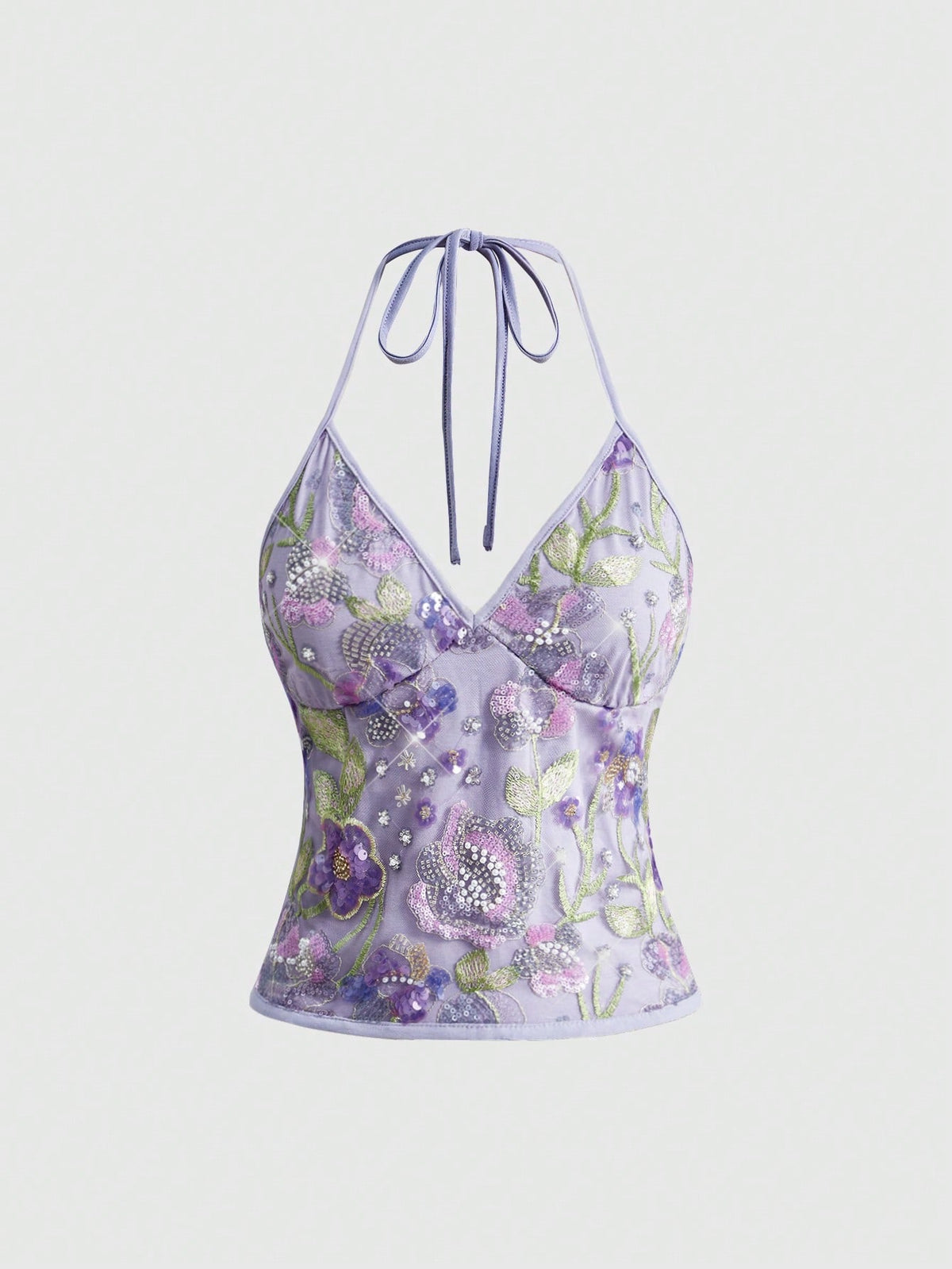 Women's floral embroidery backless halter crop top featuring contrast lace, ruched detailing, and slim fit in knitted pink fabric.