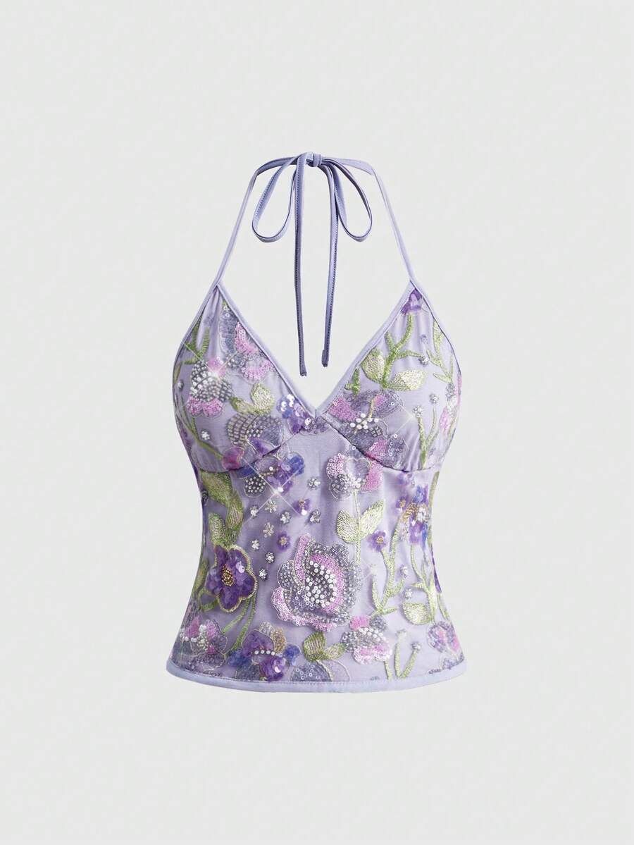 Women's floral embroidery backless halter crop top featuring contrast lace, ruched detailing, and slim fit in knitted pink fabric.
