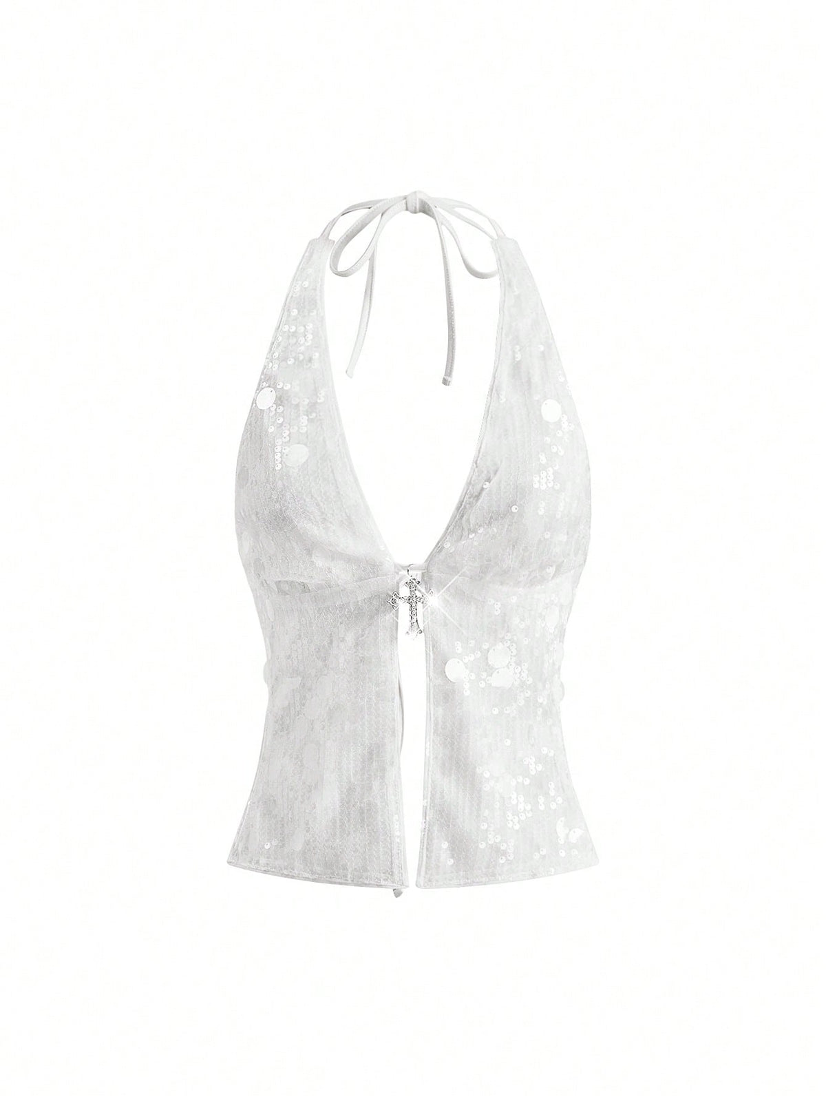 Women's white backless sequin halter neck tank top with knot details and slim fit boho style.