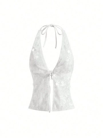 Women's white backless sequin halter neck tank top with knot details and slim fit boho style.