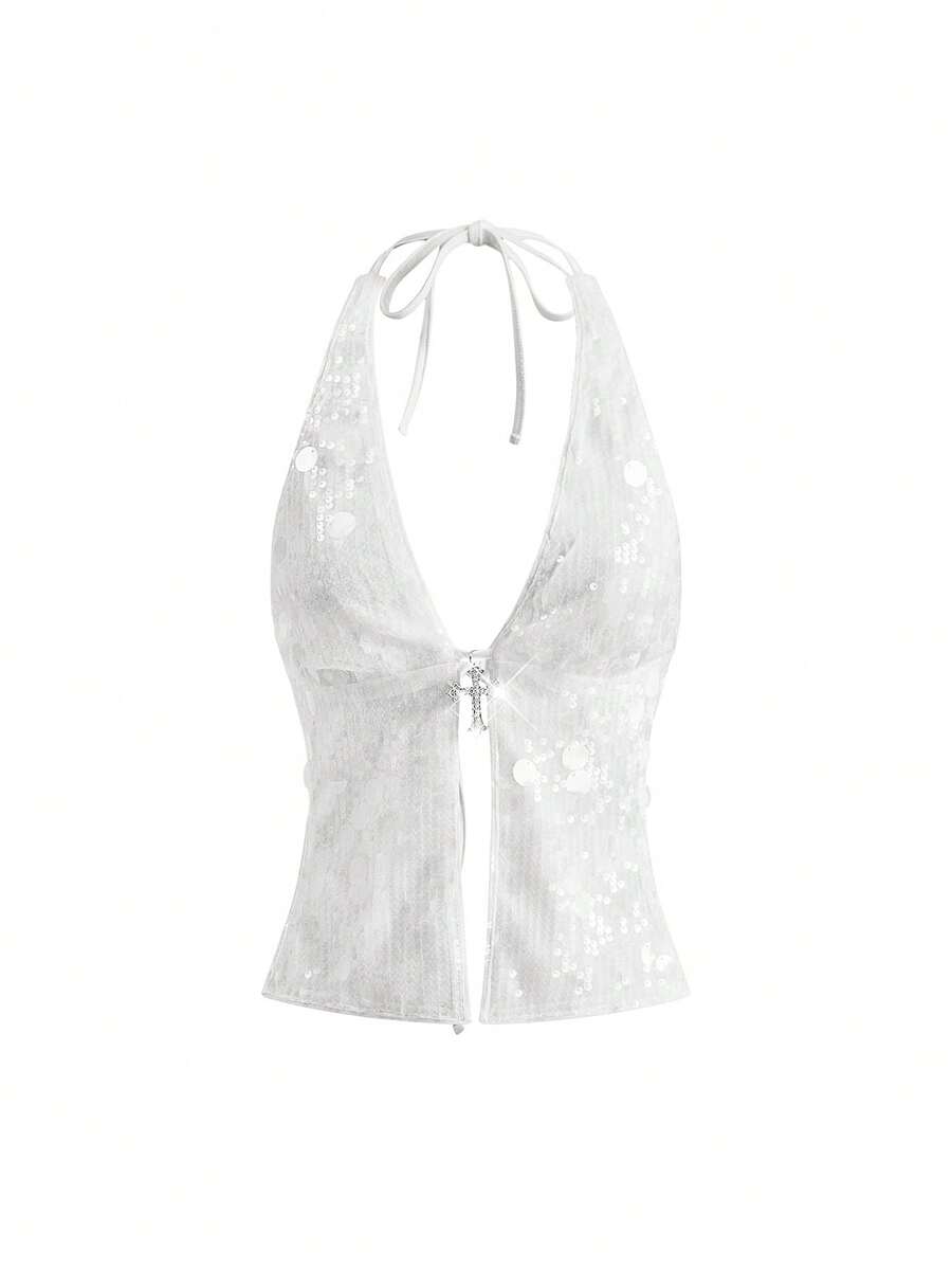 Women's white backless sequin halter neck tank top with knot details and slim fit boho style.