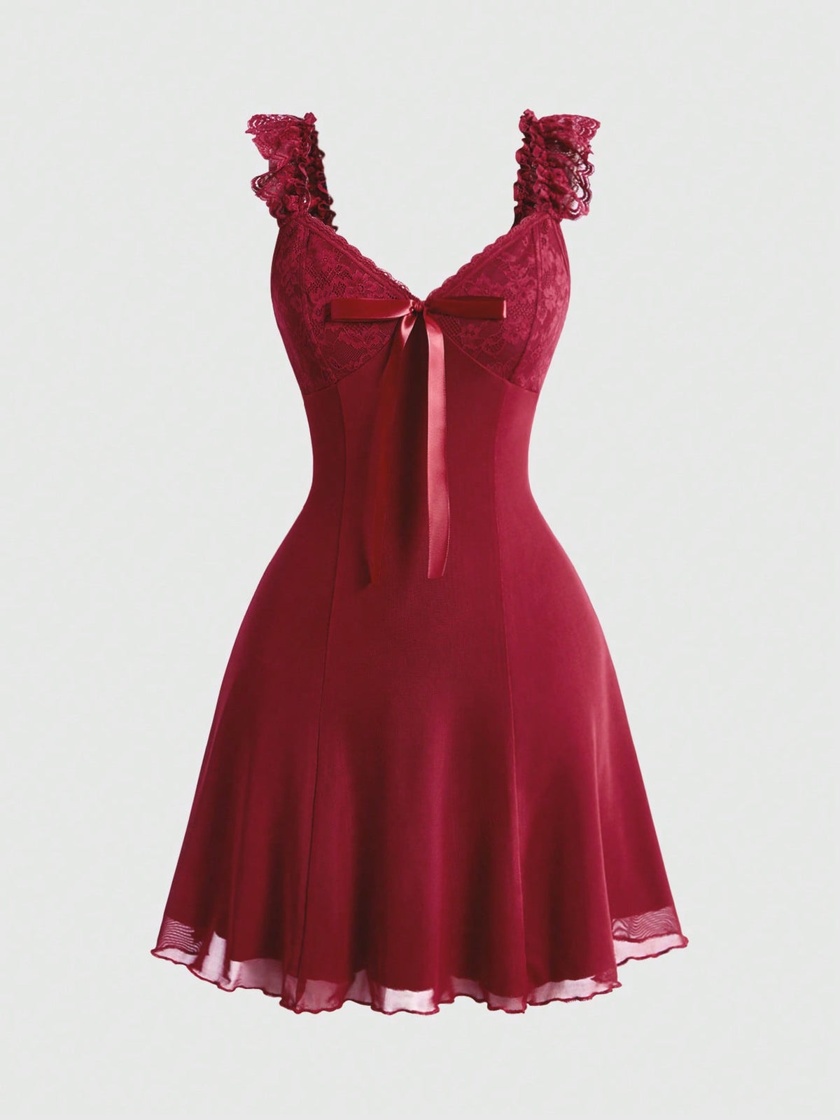 Gothic style lace patchwork sleeveless mini dress for women featuring a sweetheart neckline, high waist flared hem, contrast lace, bow, and knot details.