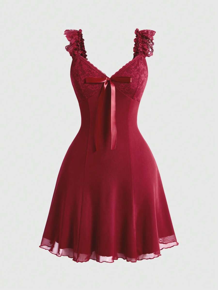 Gothic style lace patchwork sleeveless mini dress for women featuring a sweetheart neckline, high waist flared hem, contrast lace, bow, and knot details.