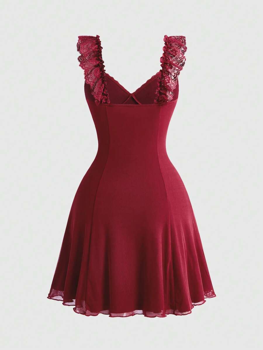 Gothic style lace patchwork sleeveless mini dress for women featuring a sweetheart neckline, high waist flared hem, contrast lace, bow, and knot details.